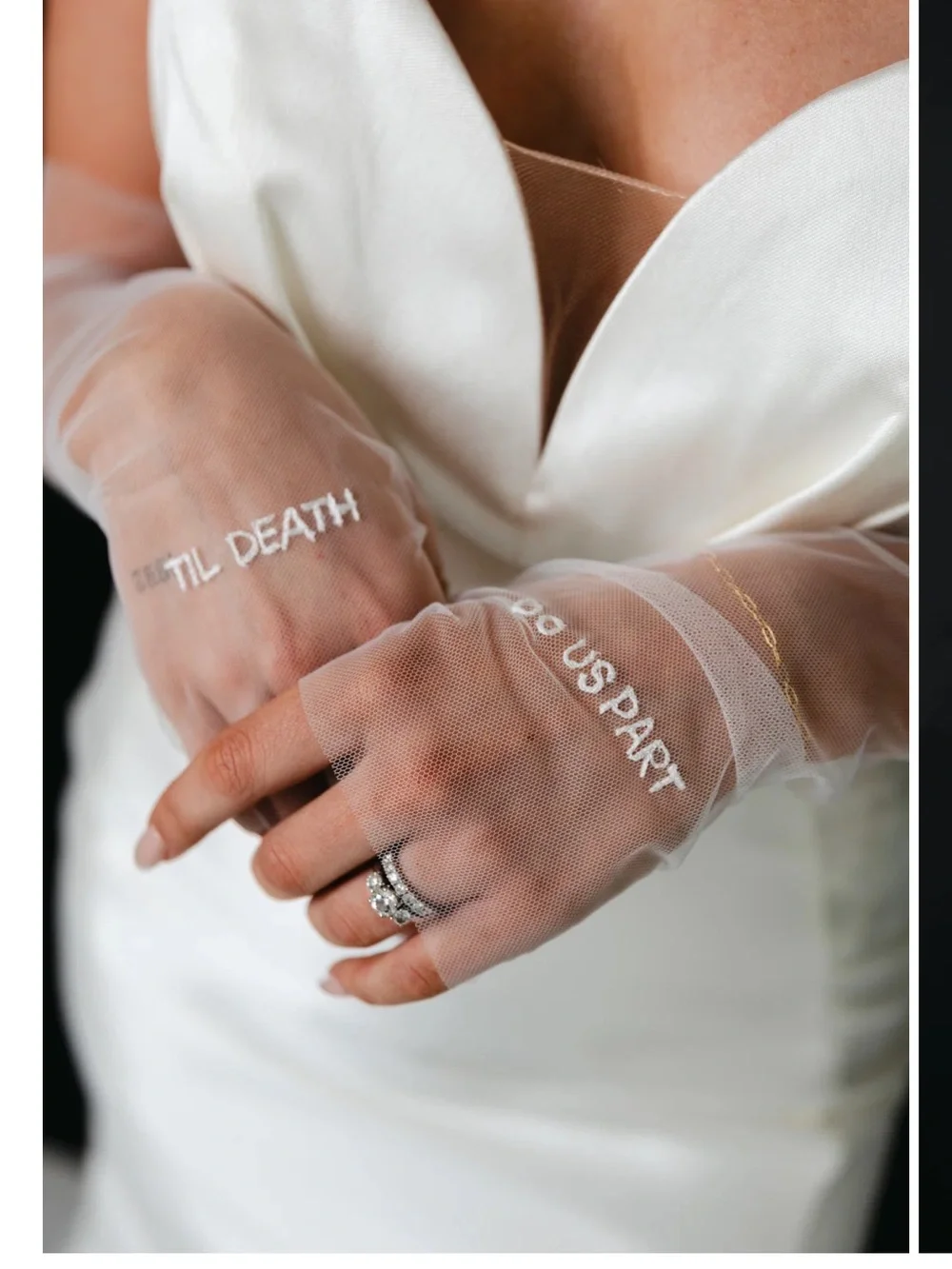 Sheer White Bridal Mesh Gloves with Embroidered 'Til Death Do Us Part'